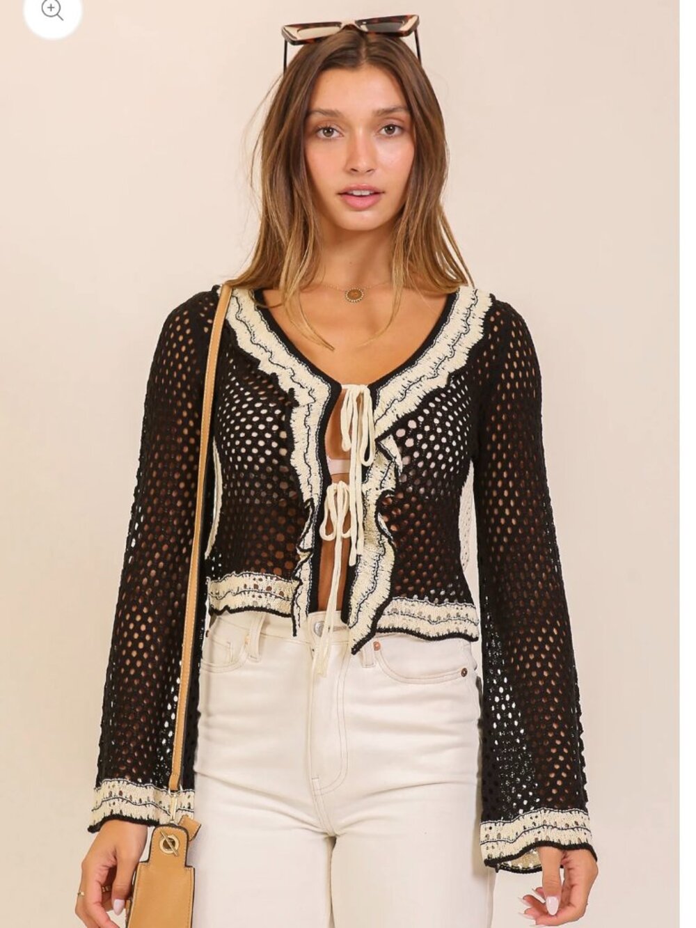Boho Crochet Tie-front Cardigan Top- Black/Cream-Medium